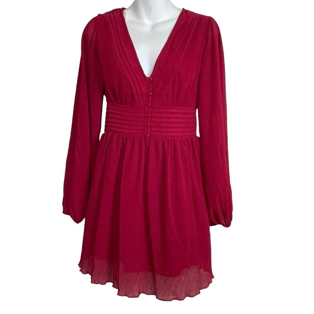 NWT Lulus Maroon Crinkle Open Back Long Sleeve Mini‎ Dress Size S Pockets
